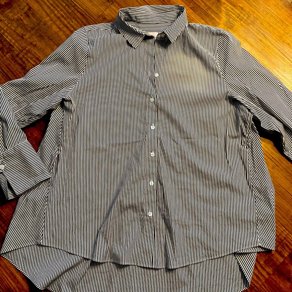 Chico’s black and white pinstripe blouse